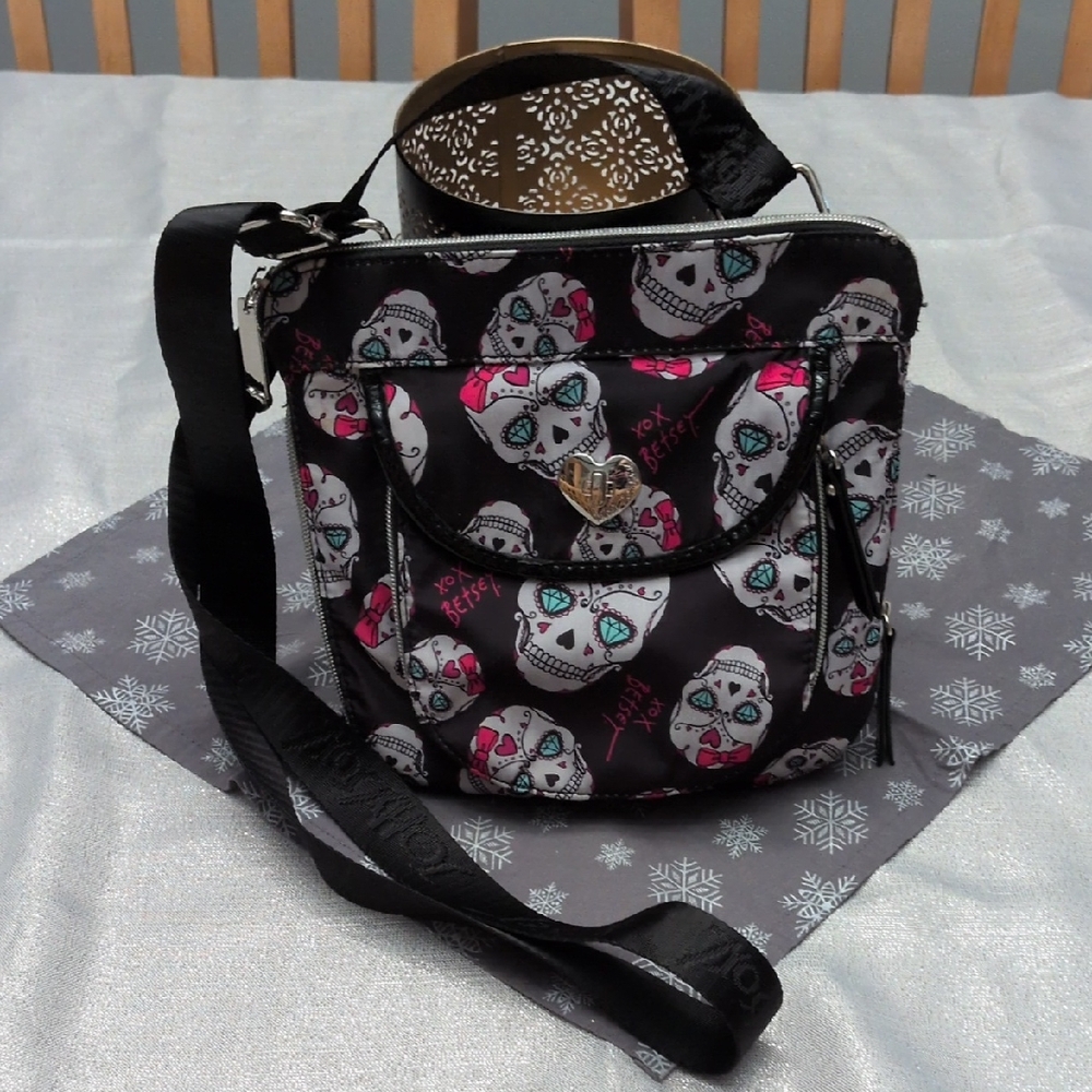 Betsey Johnson Black and Pink Sugar Skull Crossbody Bag